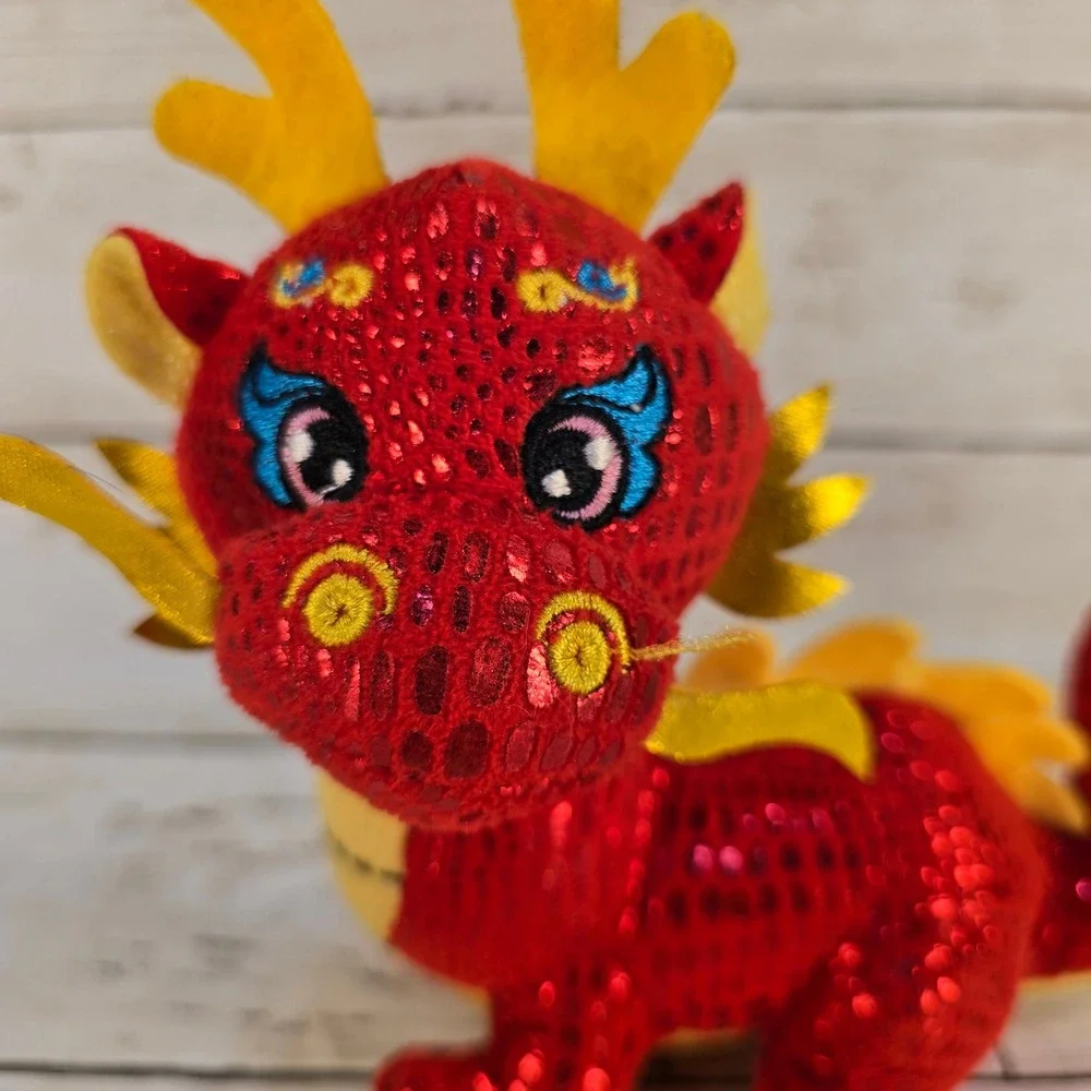 Chinese Zodiac Plush Set Red Sequin Dragon and Orange Floral‎ Elephant Decor